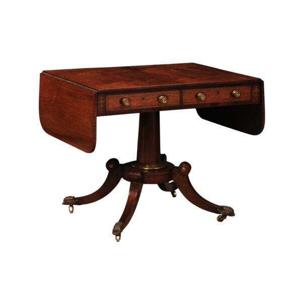 English 19th Century Rosewood Drop Leaf Sofa Table with Brass Inlay/Mounts, Pedestal Base and 4 Splayed Legs Ending in Castor Feet - Image 2