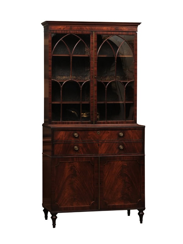 English 19th Century Regency Secretary Figured Mahogany with Flat Moulded Top, Cabinet Doors and Turned Feet