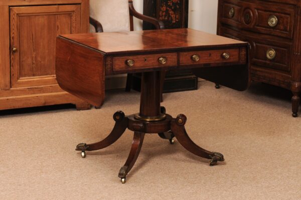 English 19th Century Rosewood Drop Leaf Sofa Table with Brass Inlay/Mounts, Pedestal Base and 4 Splayed Legs Ending in Castor Feet - Image 3