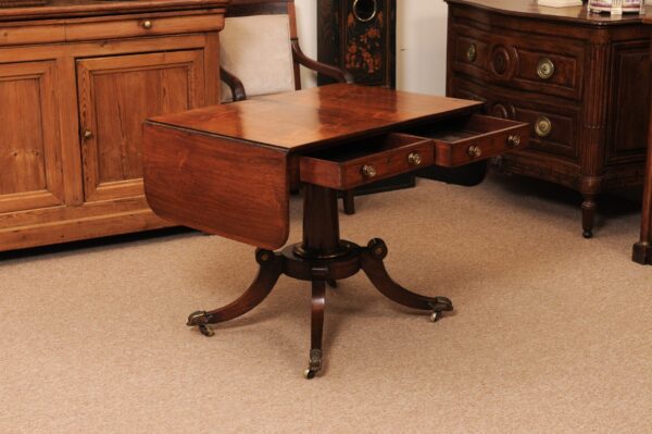 English 19th Century Rosewood Drop Leaf Sofa Table with Brass Inlay/Mounts, Pedestal Base and 4 Splayed Legs Ending in Castor Feet - Image 4