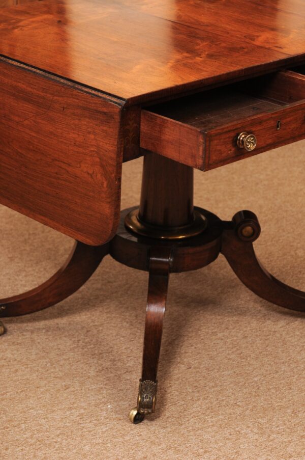 English 19th Century Rosewood Drop Leaf Sofa Table with Brass Inlay/Mounts, Pedestal Base and 4 Splayed Legs Ending in Castor Feet - Image 5