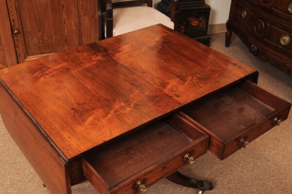 English 19th Century Rosewood Drop Leaf Sofa Table with Brass Inlay/Mounts, Pedestal Base and 4 Splayed Legs Ending in Castor Feet - Image 6