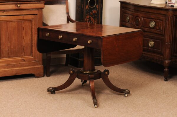 English 19th Century Rosewood Drop Leaf Sofa Table with Brass Inlay/Mounts, Pedestal Base and 4 Splayed Legs Ending in Castor Feet - Image 9