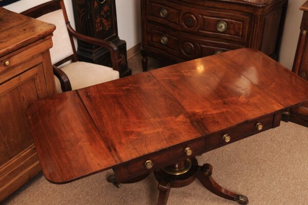 English 19th Century Rosewood Drop Leaf Sofa Table with Brass Inlay/Mounts, Pedestal Base and 4 Splayed Legs Ending in Castor Feet - Image 11