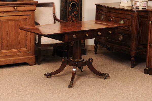 English 19th Century Rosewood Drop Leaf Sofa Table with Brass Inlay/Mounts, Pedestal Base and 4 Splayed Legs Ending in Castor Feet - Image 12