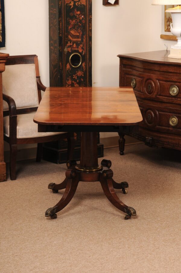 English 19th Century Rosewood Drop Leaf Sofa Table with Brass Inlay/Mounts, Pedestal Base and 4 Splayed Legs Ending in Castor Feet - Image 13