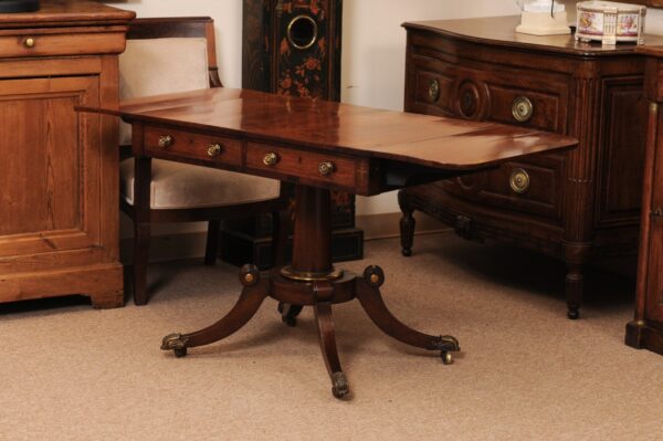English 19th Century Rosewood Drop Leaf Sofa Table with Brass Inlay/Mounts, Pedestal Base and 4 Splayed Legs Ending in Castor Feet - Image 14