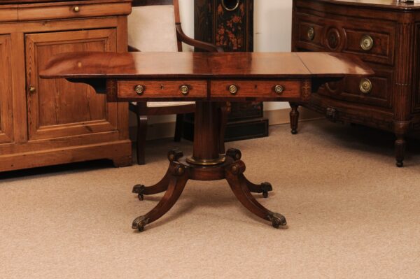 English 19th Century Rosewood Drop Leaf Sofa Table with Brass Inlay/Mounts, Pedestal Base and 4 Splayed Legs Ending in Castor Feet - Image 15