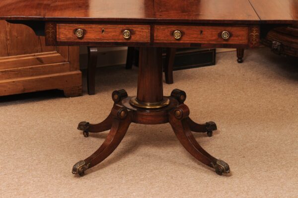 English 19th Century Rosewood Drop Leaf Sofa Table with Brass Inlay/Mounts, Pedestal Base and 4 Splayed Legs Ending in Castor Feet - Image 16