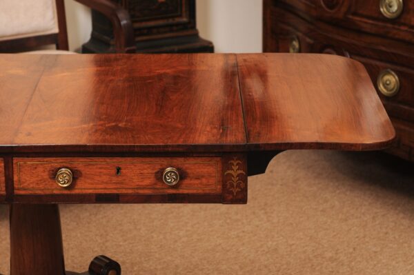 English 19th Century Rosewood Drop Leaf Sofa Table with Brass Inlay/Mounts, Pedestal Base and 4 Splayed Legs Ending in Castor Feet - Image 17