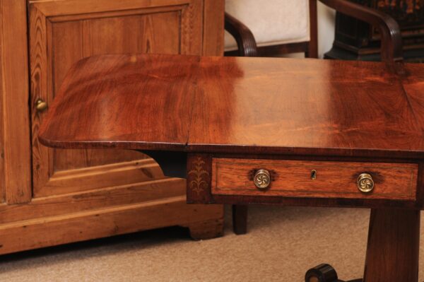 English 19th Century Rosewood Drop Leaf Sofa Table with Brass Inlay/Mounts, Pedestal Base and 4 Splayed Legs Ending in Castor Feet - Image 18