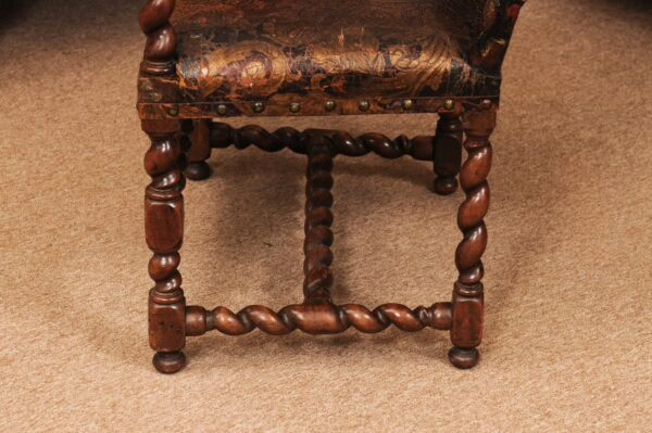 Early 18th Century Flemish Armchair with Embossed Leather Upholstery & Barley Twist Detail - Image 13
