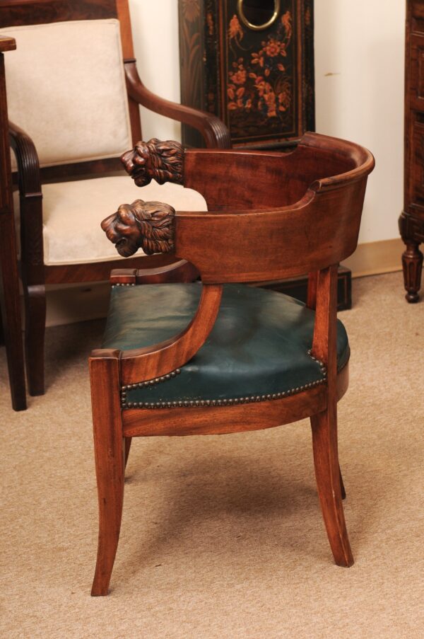 19th Century French Empire Mahogany Barrel Back Desk Chair with Lion's Head & Green Leather - Image 13