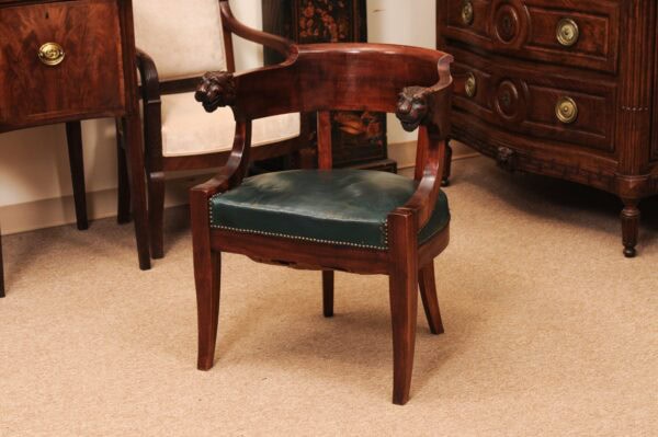 19th Century French Empire Mahogany Barrel Back Desk Chair with Lion's Head & Green Leather - Image 14
