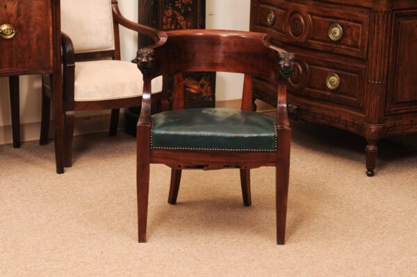 19th Century French Empire Mahogany Barrel Back Desk Chair with Lion's Head & Green Leather - Image 15