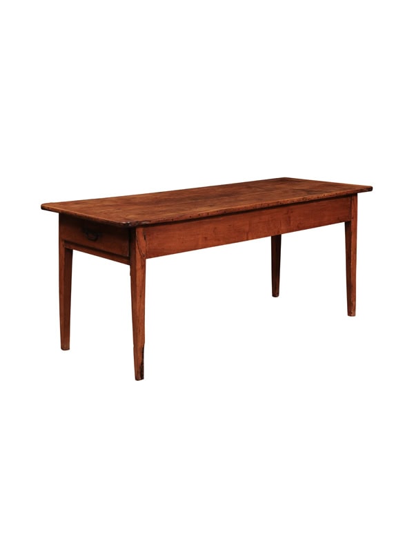 French 19th Century Fruitwood Narrow Farm Table/Sofa Table with Side Drawer and Tapered Square Legs
