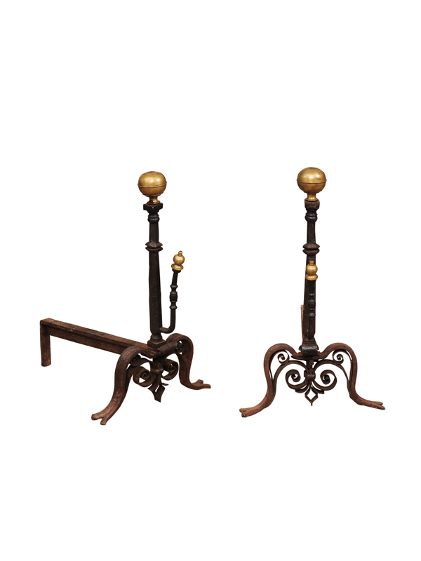 Pair of Continental Iron & Brass Andirons, 19th Century