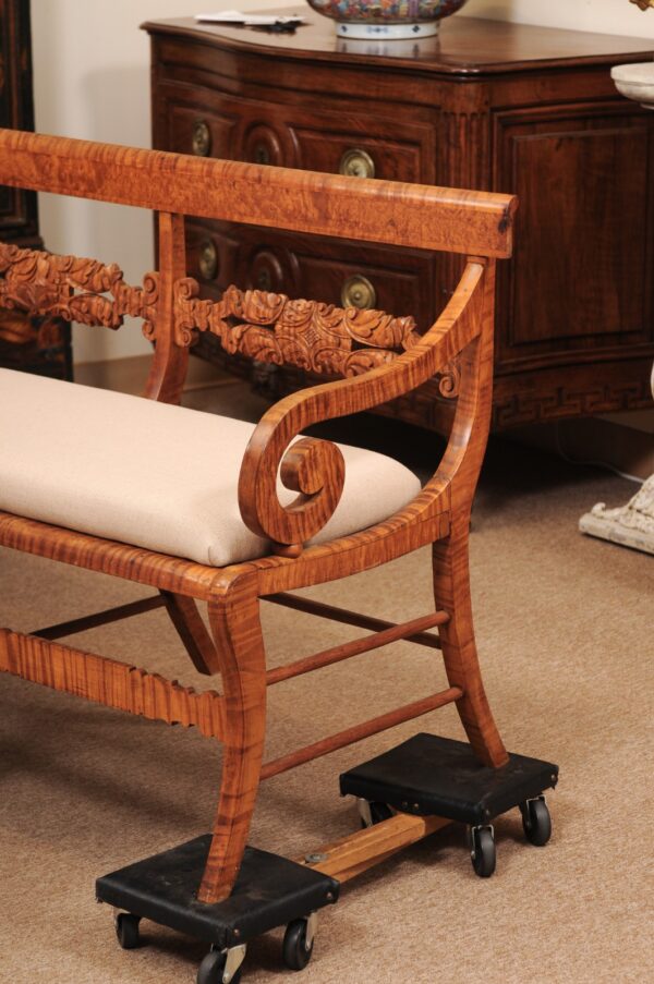 Early 19th Century American Maple Bench with Carved Back, Scroll Arms and Splayed Legs - Image 13