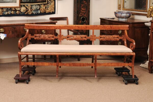 Early 19th Century American Maple Bench with Carved Back, Scroll Arms and Splayed Legs - Image 14