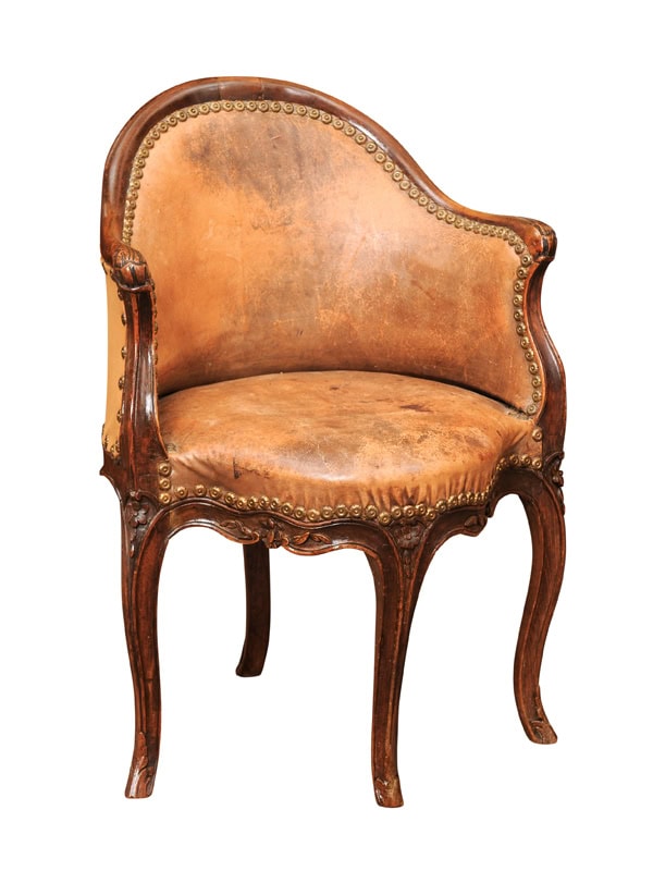 18th Century French Louis XV Walnut Desk Chair with Tan Leather Upholstery