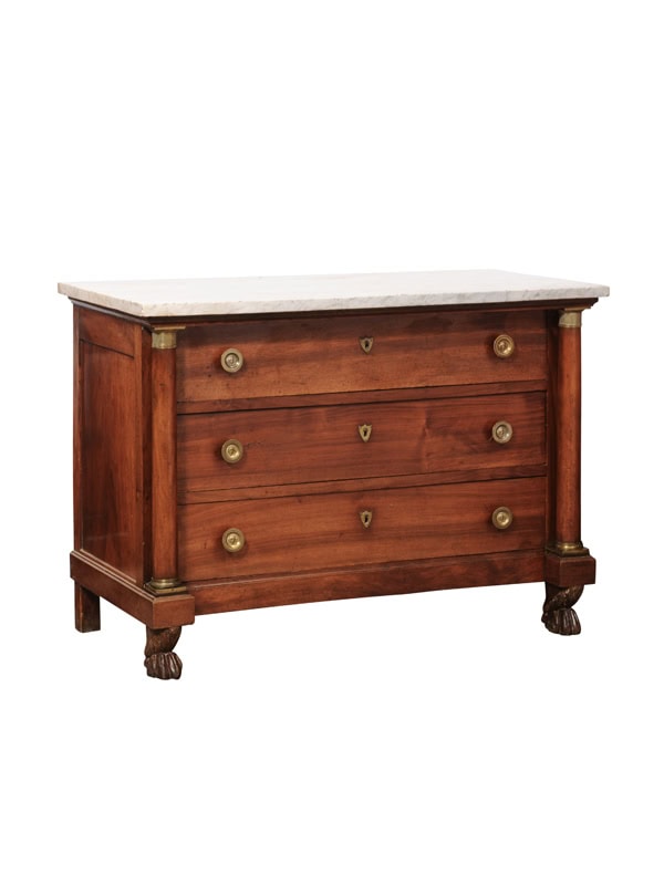 Early 19th Century French Empire Walnut Commode with White Marble Top & Gilt Bronze Mounts