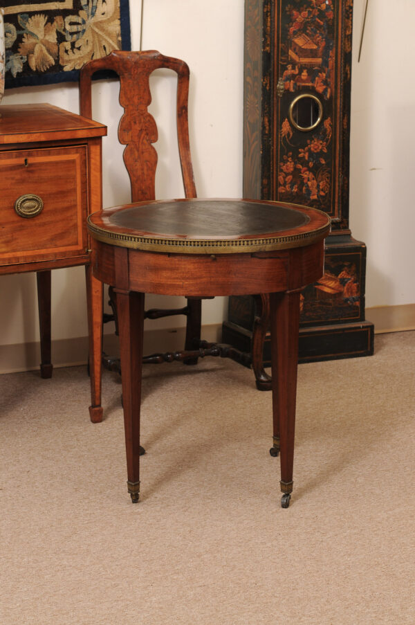 18th Century French Louis XVI Walnut Bouillotte Table with Inset Leather Top & Marble Surface with Brass Gallery (repairs to marble top) - Image 13