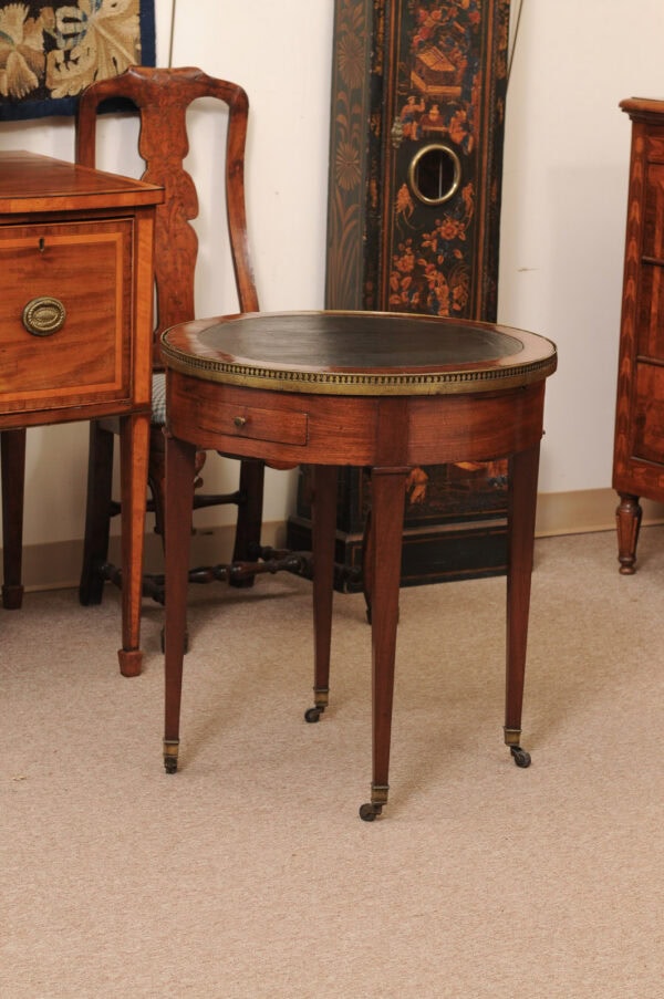18th Century French Louis XVI Walnut Bouillotte Table with Inset Leather Top & Marble Surface with Brass Gallery (repairs to marble top) - Image 14