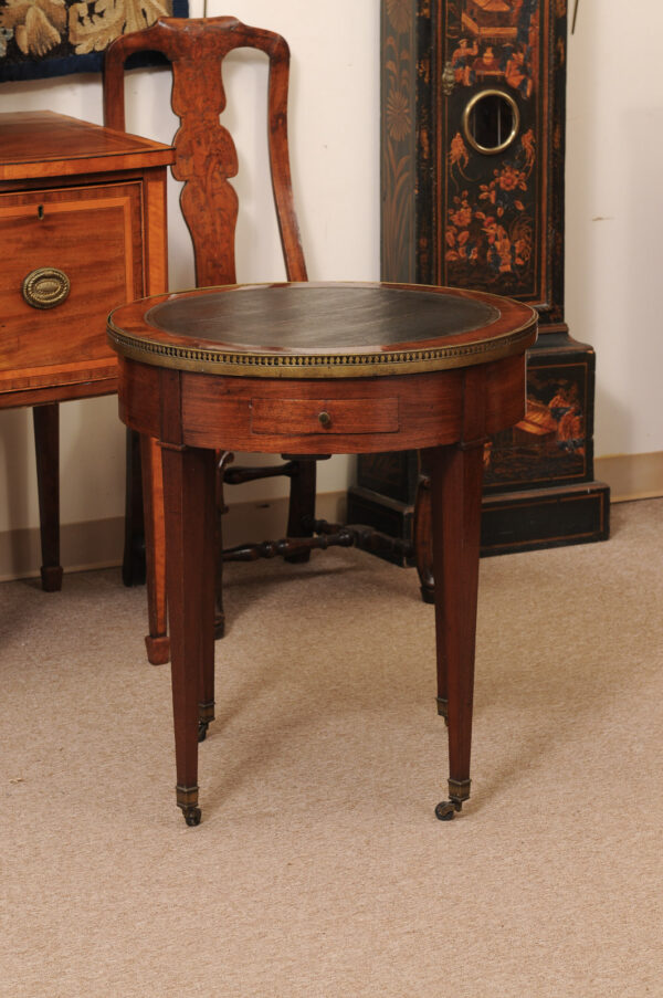 18th Century French Louis XVI Walnut Bouillotte Table with Inset Leather Top & Marble Surface with Brass Gallery (repairs to marble top) - Image 15
