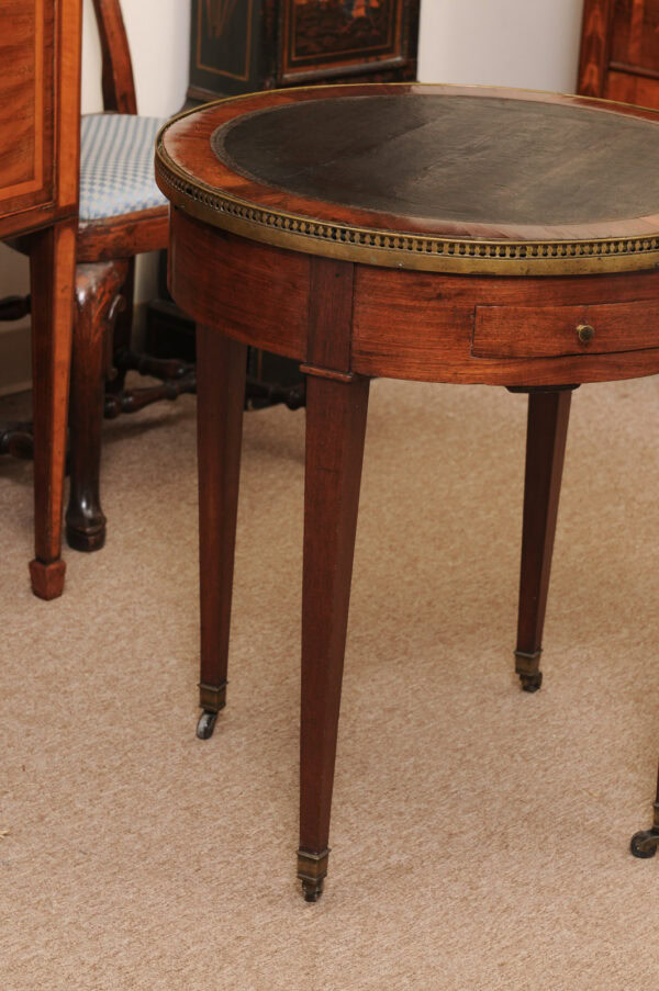 18th Century French Louis XVI Walnut Bouillotte Table with Inset Leather Top & Marble Surface with Brass Gallery (repairs to marble top) - Image 16