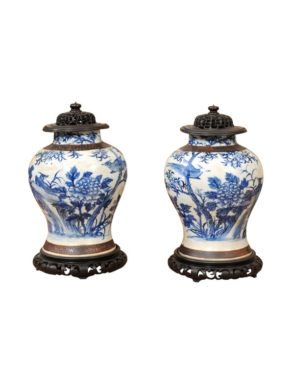 Pair of Chinese Crackle Blue & White Vases with Wood Lids, ca. 1860