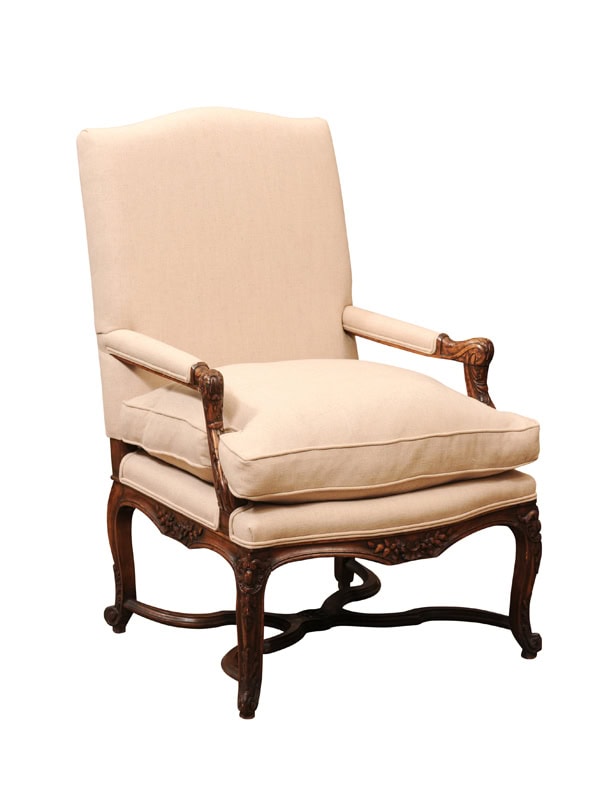 18th Century French Regence Walnut Fauteuil with Cross Stretcher .