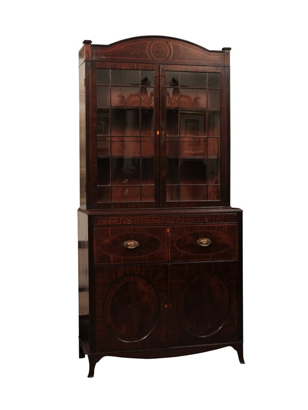 English 19th Century English Secretary Bookcase with Arched Cornice, Greek Key Inlay and Splayed Feet