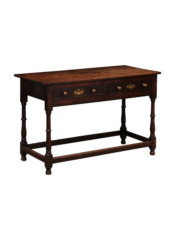English 18th Century Oak Double Table with 2 Drawers, Brass Knobs, Turned legs and Box Stretcher