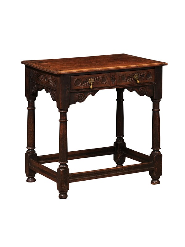 English 18th Century Oak Side Table with Carved detail, 2 Drawers and Box Stretcher