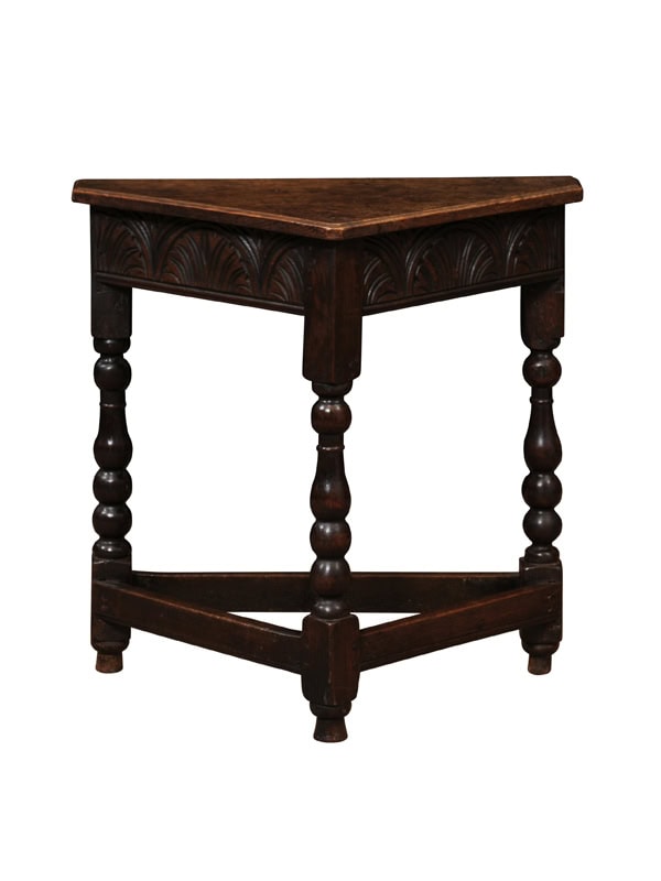 19th Century English Oak Corner Table with Carved Frieze & Stretchers