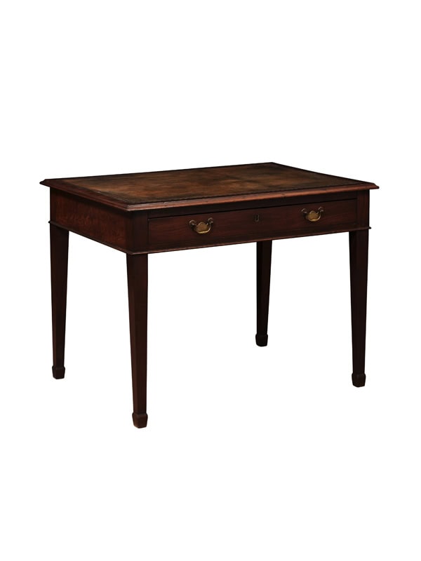 English 19th Century Mahogany Writing Table with Greek Key Embossed Brown Leather Top,  1 Drawer and Tapered Square Legs