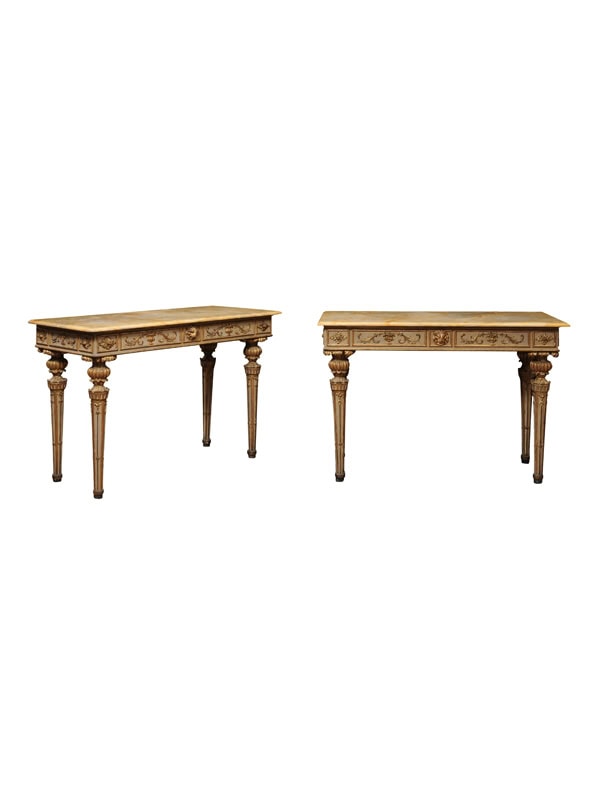 Pair of Neoclassical Italian Painted & Parcel Gilt Console Table with Sienna Marble Tops, 19th Century