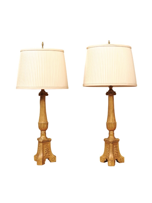 Pair of Tall French Style Giltwood Altar Sticks, wired as Lamps with Shades