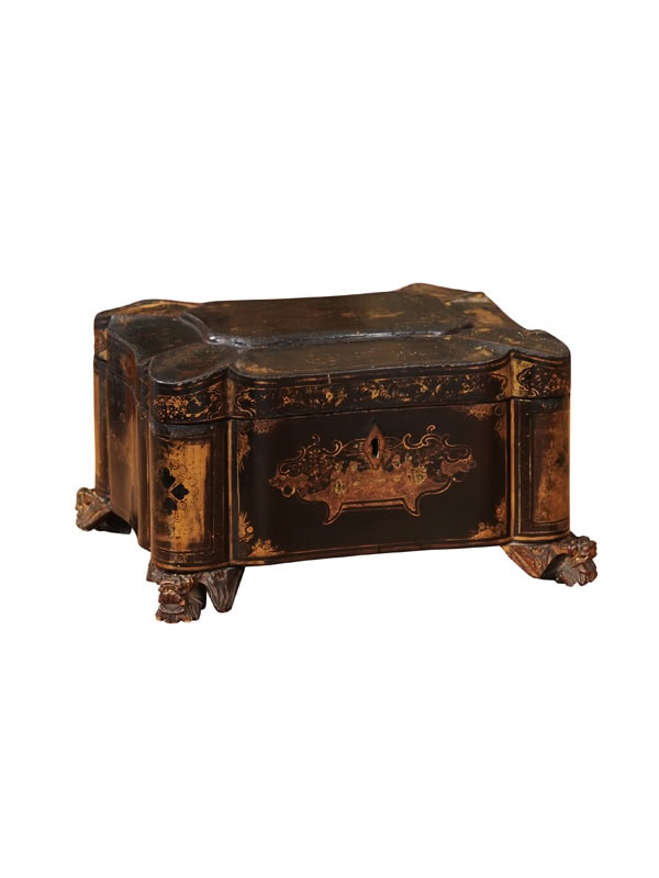 19th Century Lacquered Tea Caddy with Chinoiserie Decoration & Paw Feet
