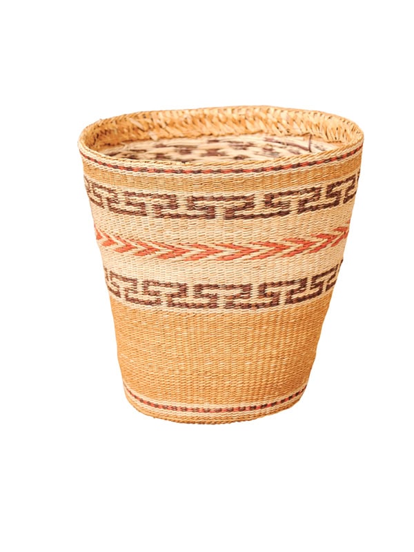 Vintage Woven Waste Basket with Greek Key Design