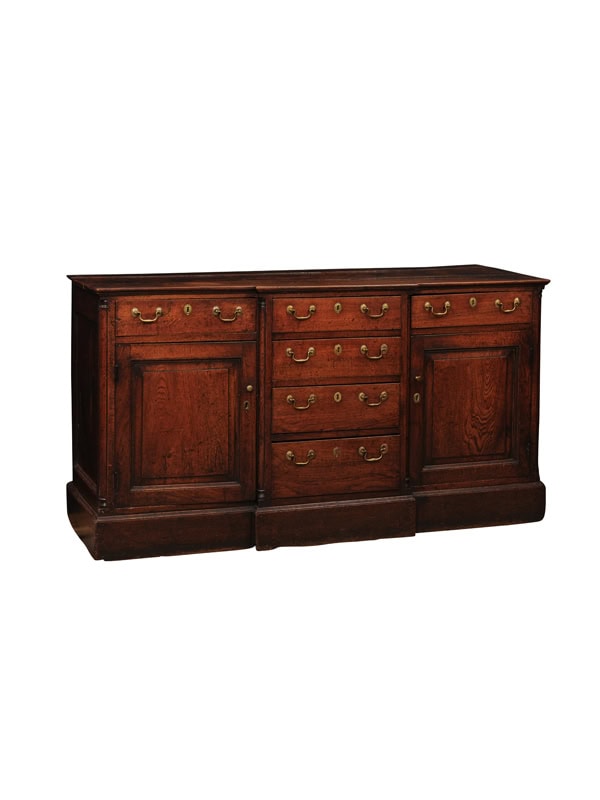 English 18th Century Georgian Oak Dresser Base Cabinet with Flanking Columns Detail