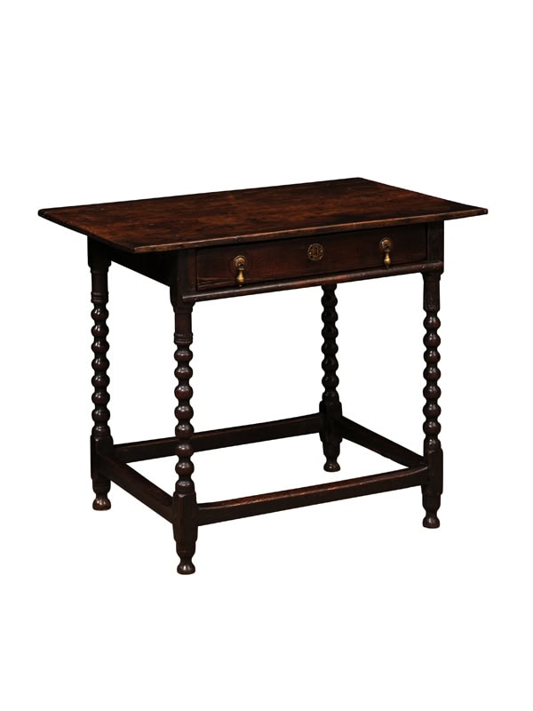 English Late 17th Century Bobbin Turned Oak Side Table with Drawer and Box Stretcher