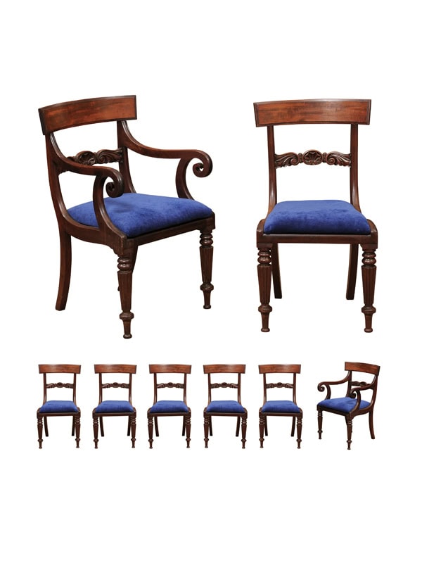 Set of 8 William IV Mahogany Dining Chairs with Shell Carving and Round Reeded Legs, Early 19th Century