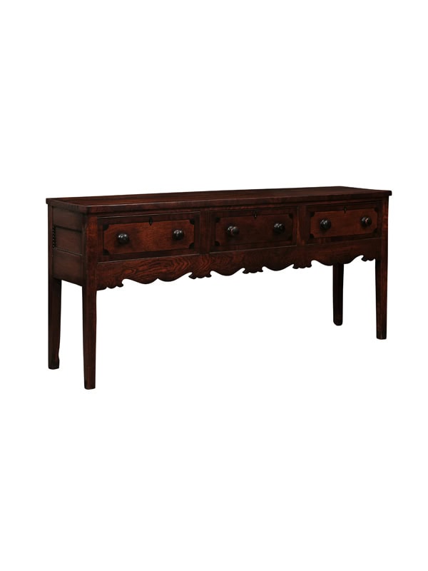 English 19th Century Oak Dresser Base with Crossbanding, 3 Drawers, Shaped Apron and Square Legs