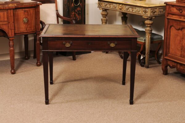 English 19th Century Mahogany Writing Table with Greek Key Embossed Brown Leather Top, 1 Drawer and Tapered Square Legs - Image 13