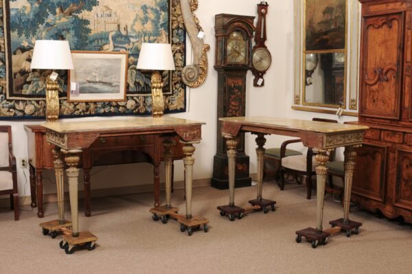 Pair of Neoclassical Italian Painted & Parcel Gilt Console Table with Sienna Marble Tops, 19th Century - Image 13