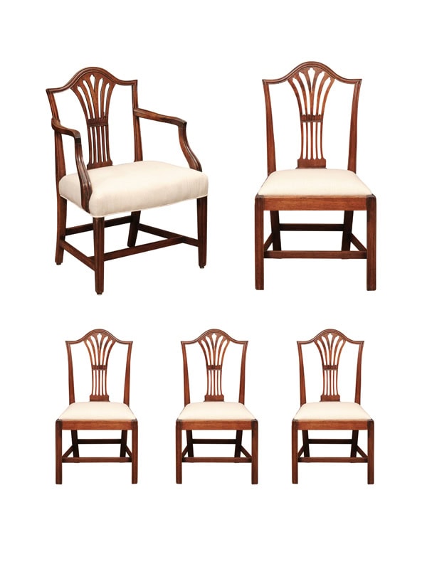 Set of 5 English Late 18th Century Chippendale Dining Chairs in Mahogany, 4 Sides & 1 Arm