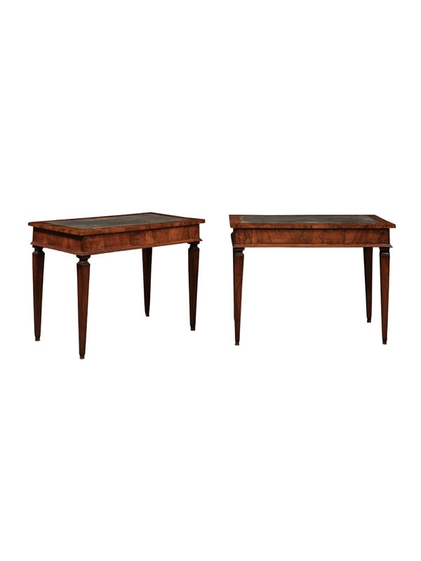 Pair of Late 18th Century Italian Neoclassical Walnut Consoles with Inset Original Grey Marble Tops