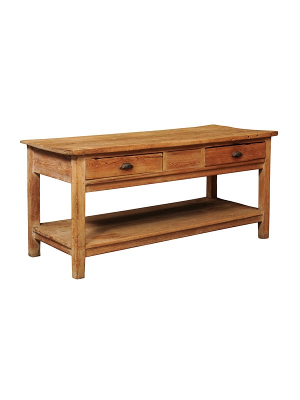 English 19th Century Pine Kitchen Work Table / Pie Table with Drawers and Lower Shelf