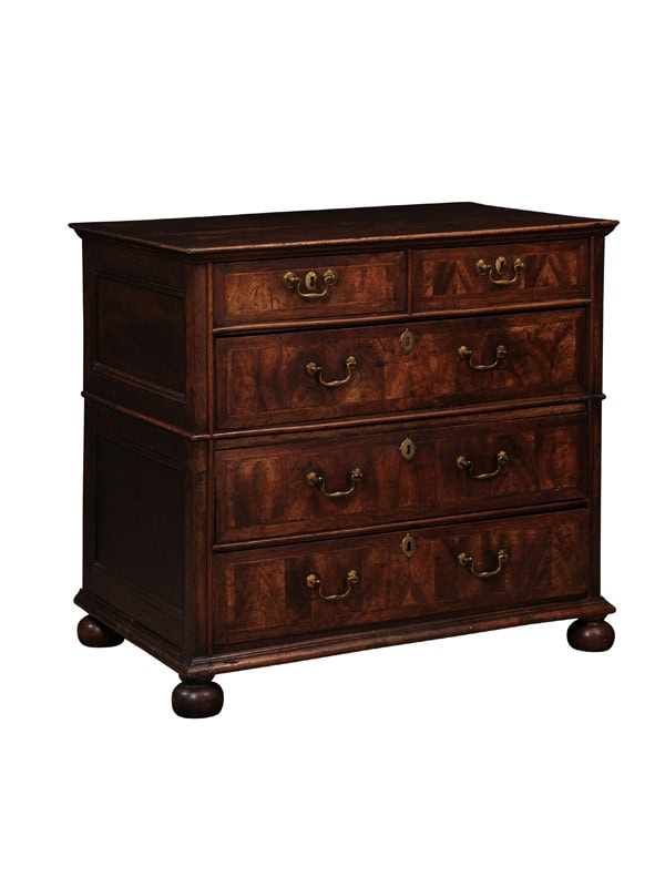 English Early 18th Century Oak & Walnut Chest with 5 Drawers and Bun Feet